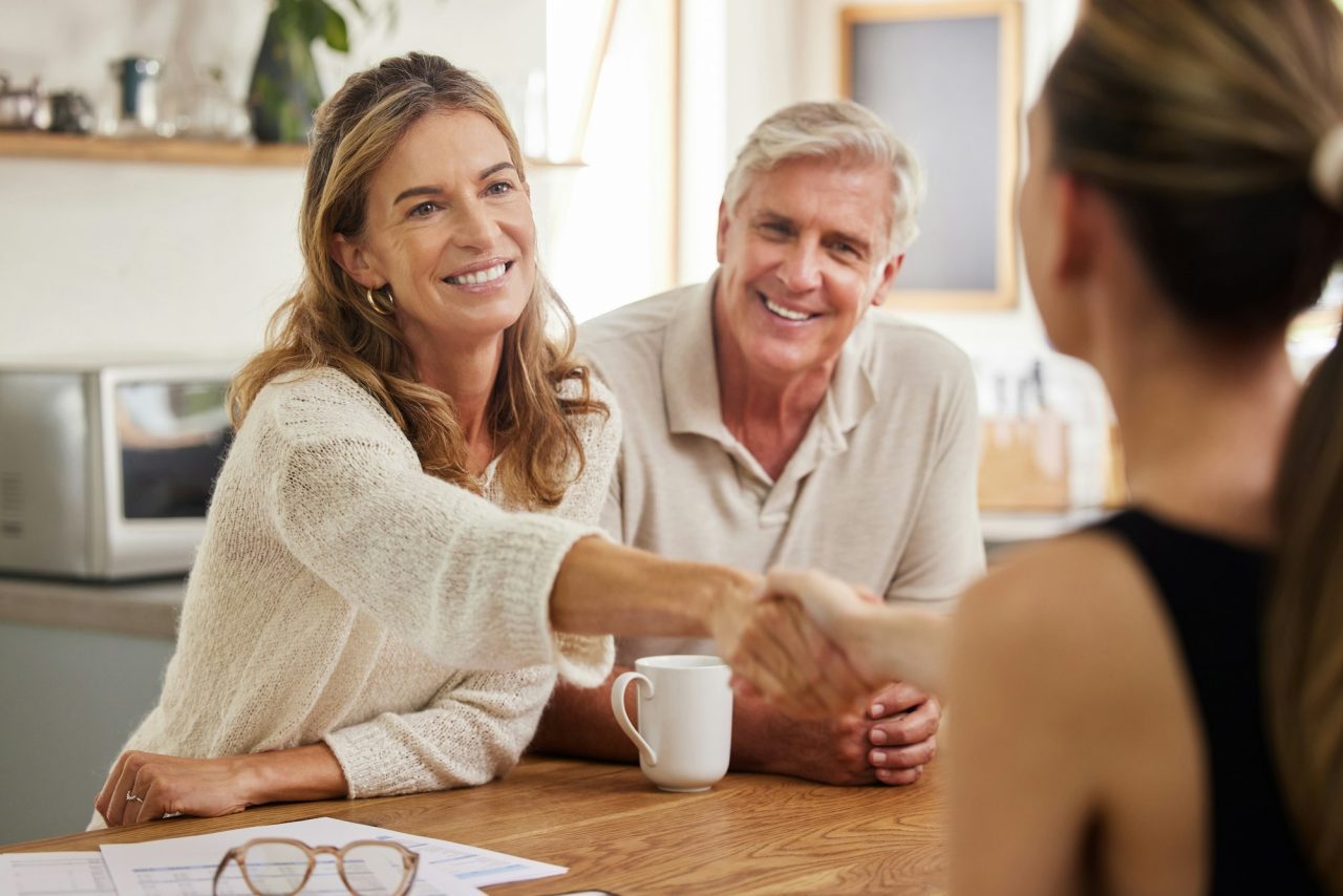 General Insurance Products 14 handshake life insurance and senior couple with lawyer for mortgage tax bills property and financ